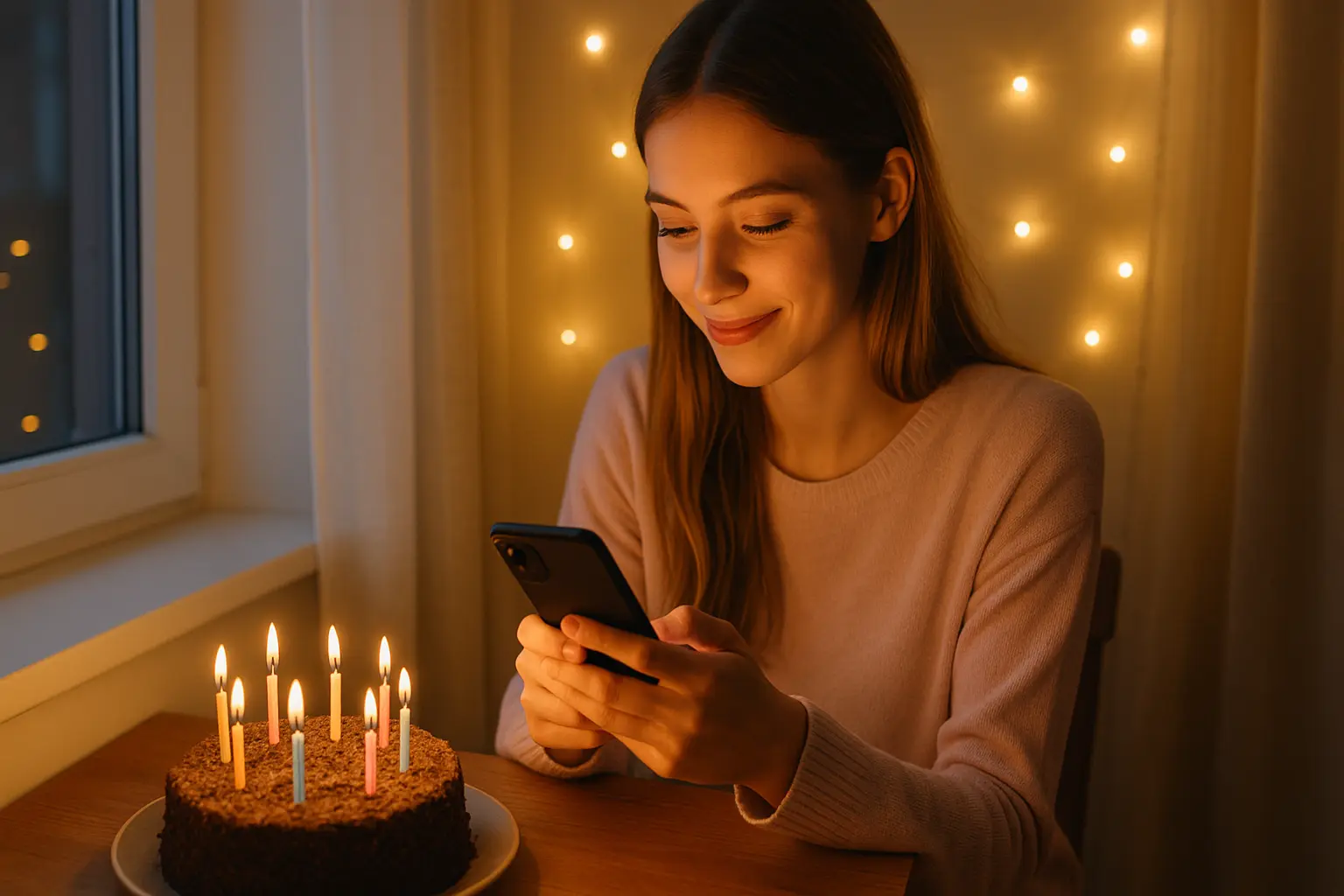 Young woman at a pastel-toned birthday table editing an Instagram post with cake, candles, and soft fairy lights in the background.