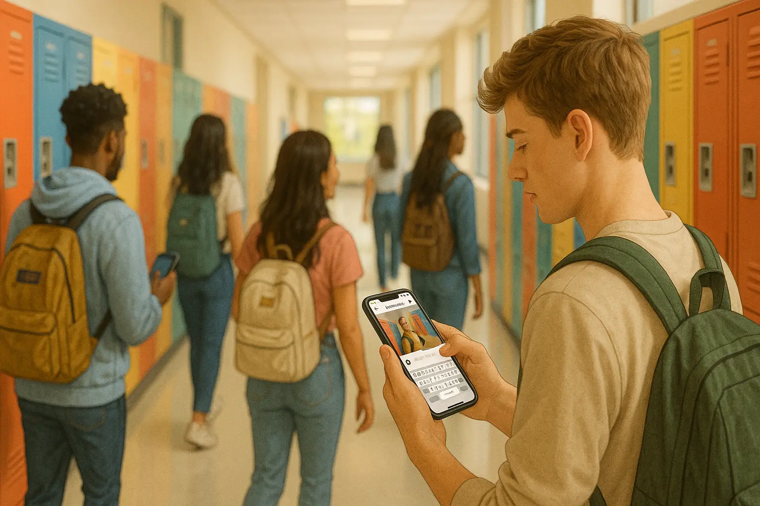 Students walking down a school hallway while one checks an Instagram caption on their phone.