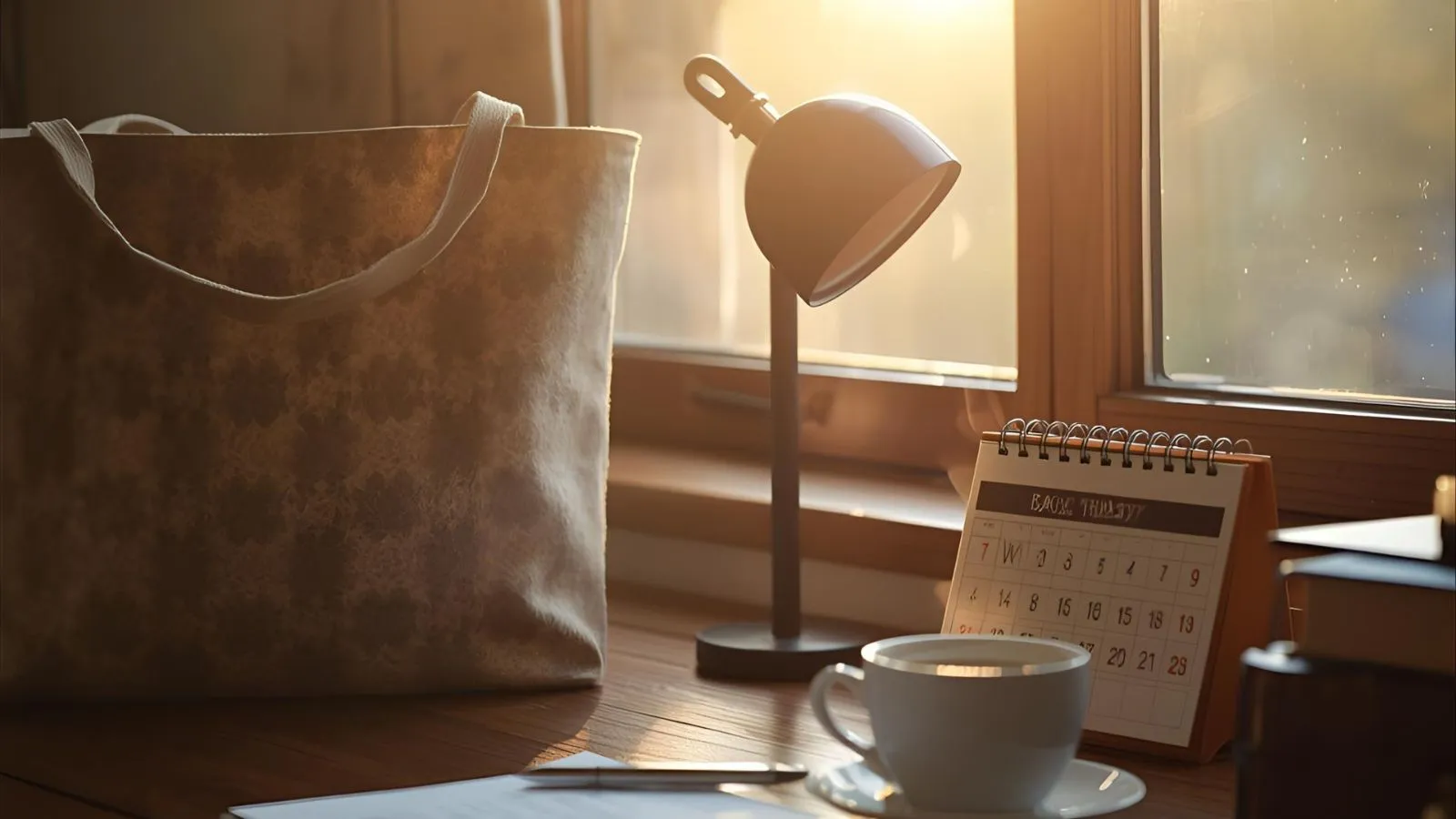 Morning desk with coffee and calendar marked back to work after holidays.