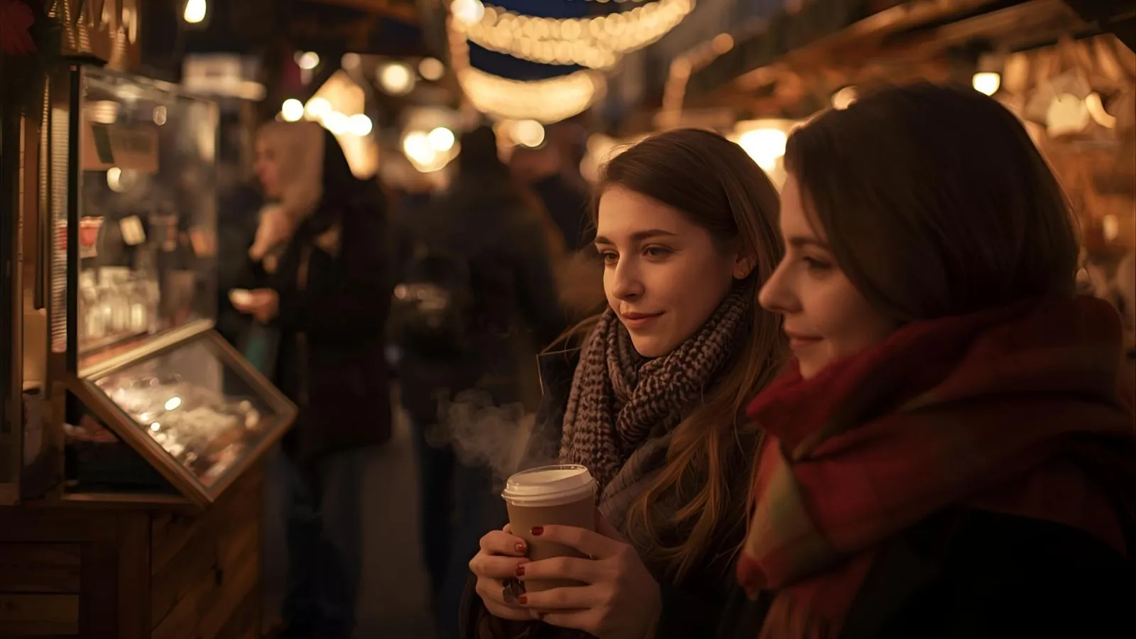 Night Christmas market stalls under string lights with cocoa steam and shoppers.