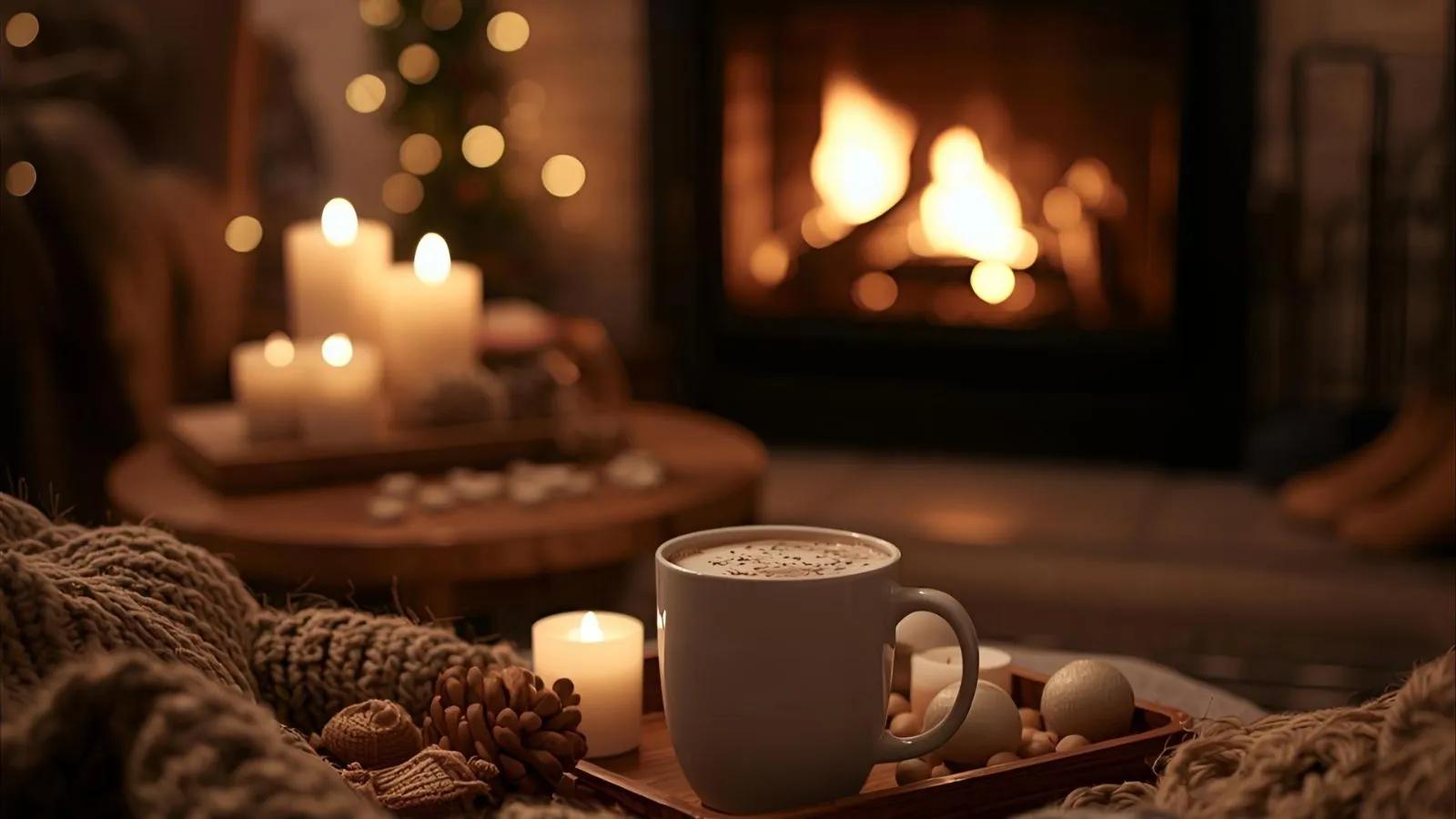 Fireplace and candles glowing in a cozy living room with blankets and cocoa.