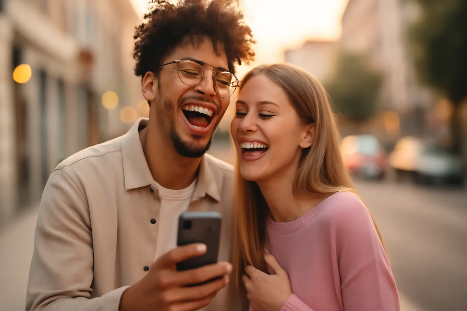 Smiling couple standing close together at sunset, holding a phone as they choose a cute love caption for Instagram.