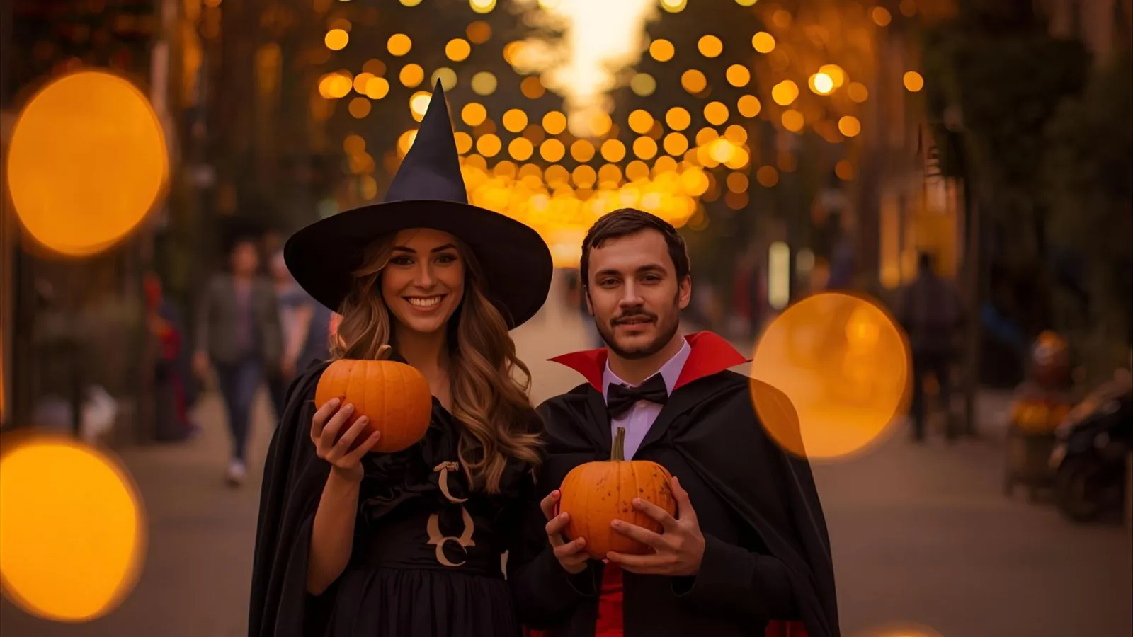 Couple in witch and vampire costumes holding pumpkins under string lights.