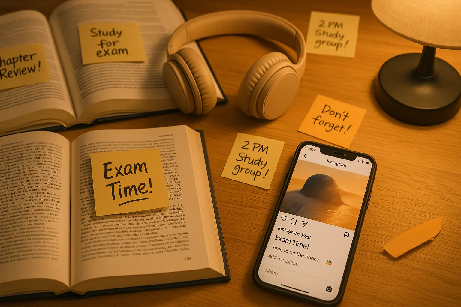 A student’s study desk with books, notes, and a phone open to an exam time Instagram post.