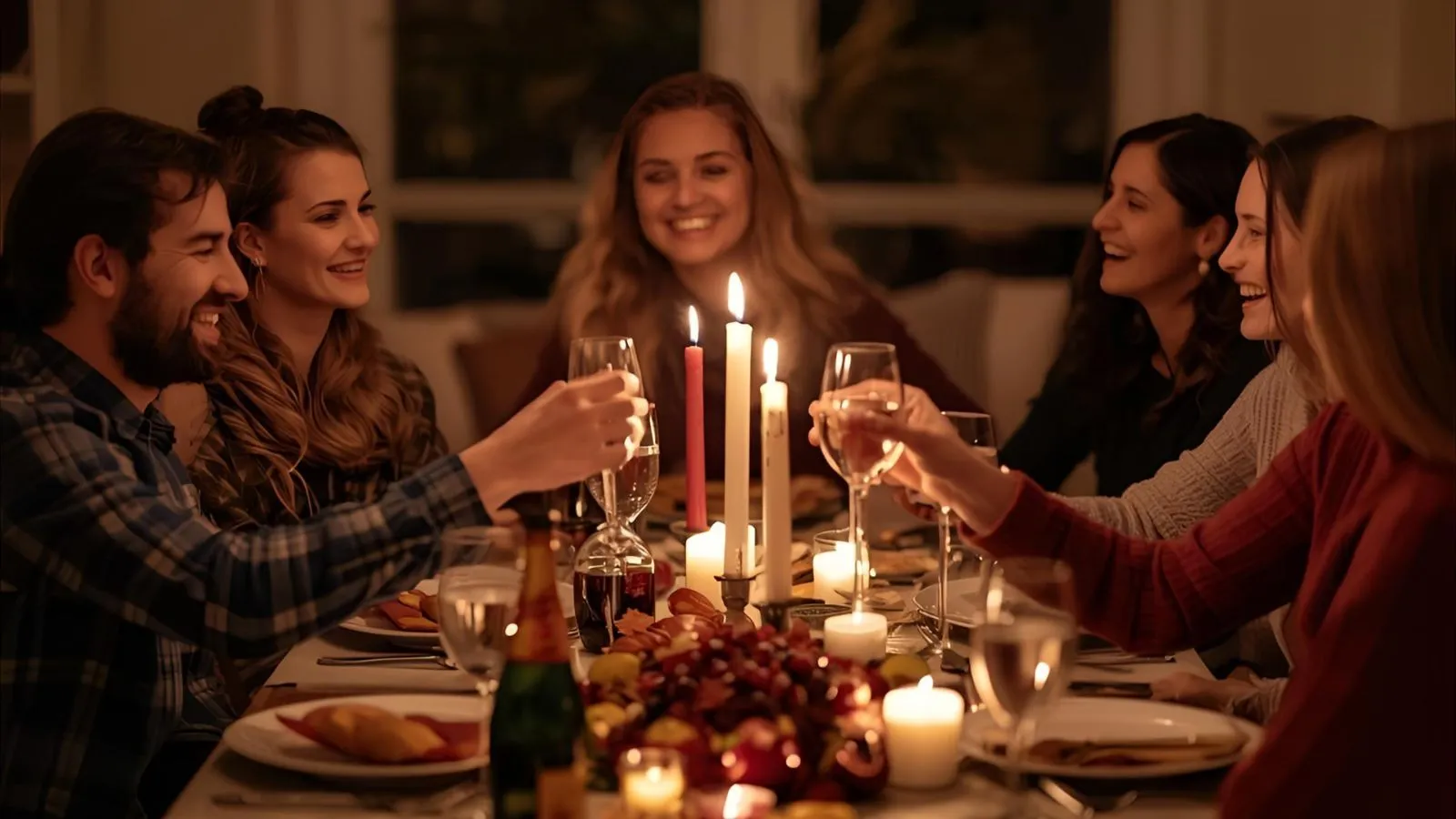 Friends around a candlelit Friendsgiving table clinking glasses.