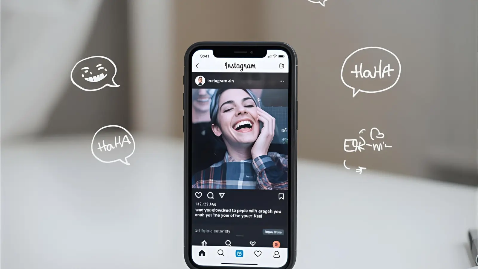 Phone on a desk showing a funny Instagram Reel with a caption under it.