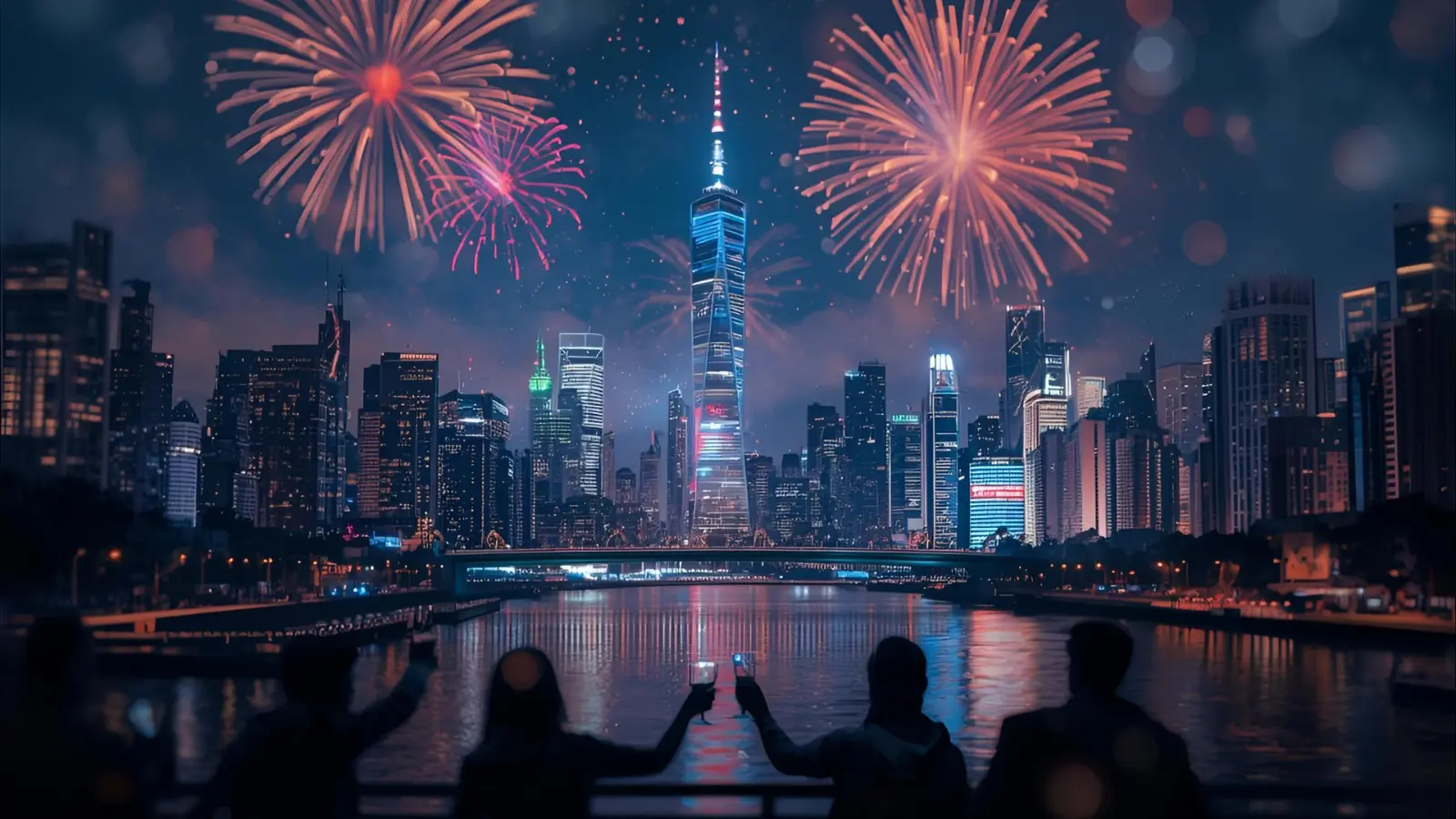 Fireworks over a city as friends toast to the New Year at midnight.