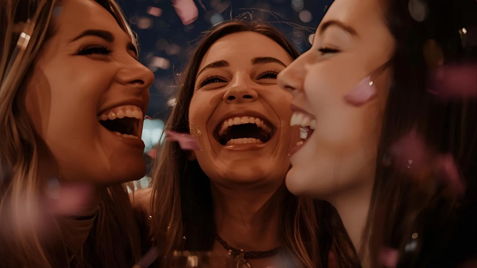Girls laughing under confetti at midnight with city lights behind.