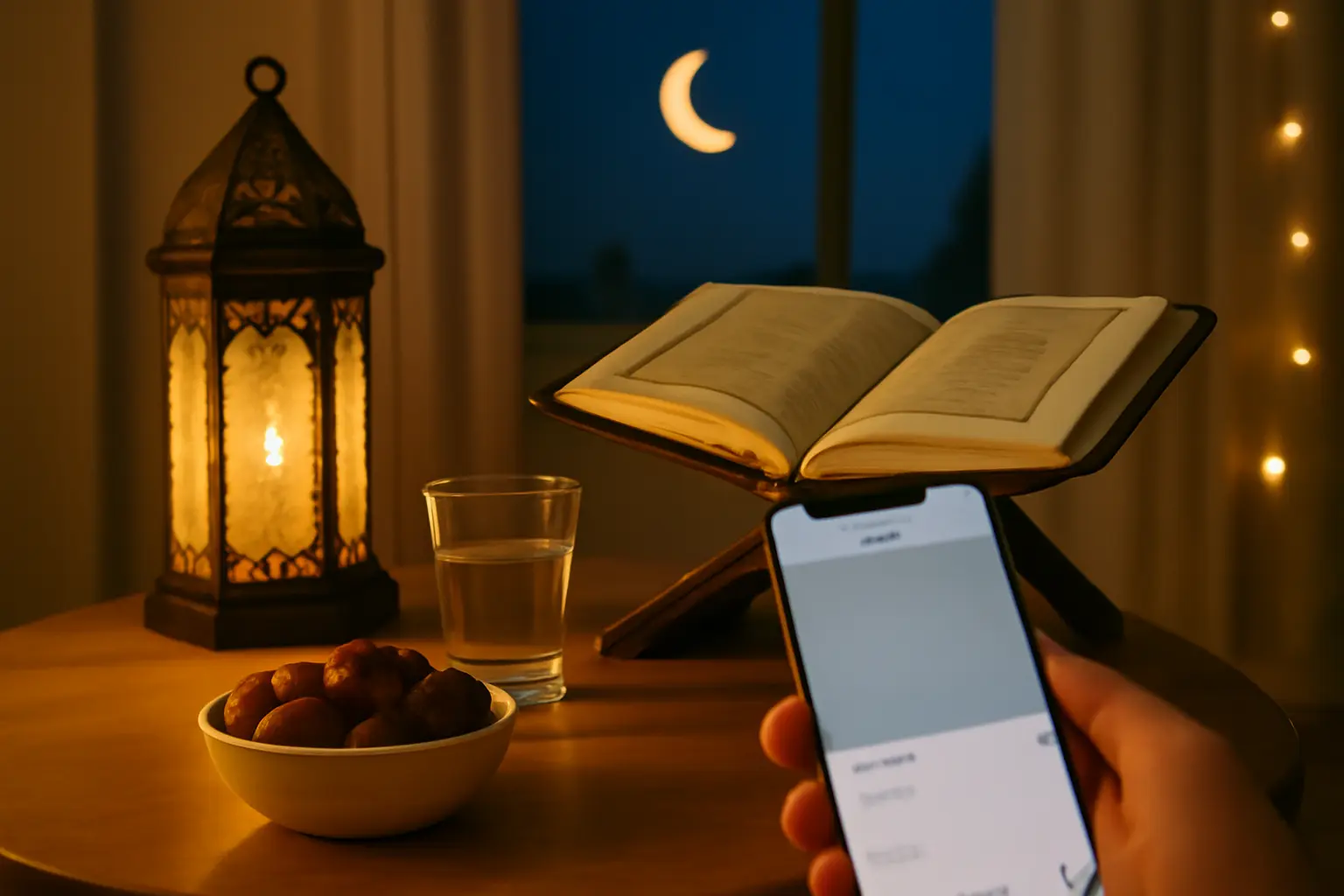 Ramadan lantern, Qur’an, dates, and a phone open to Instagram on a cozy evening.