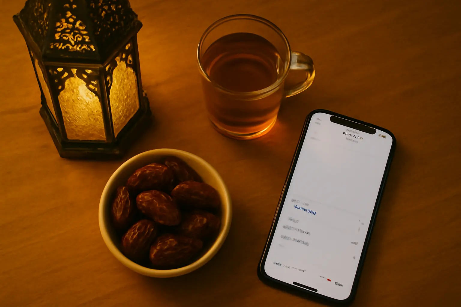 Overhead iftar table with dates, lantern, tea, and a phone ready to post a Ramadan caption on Instagram.