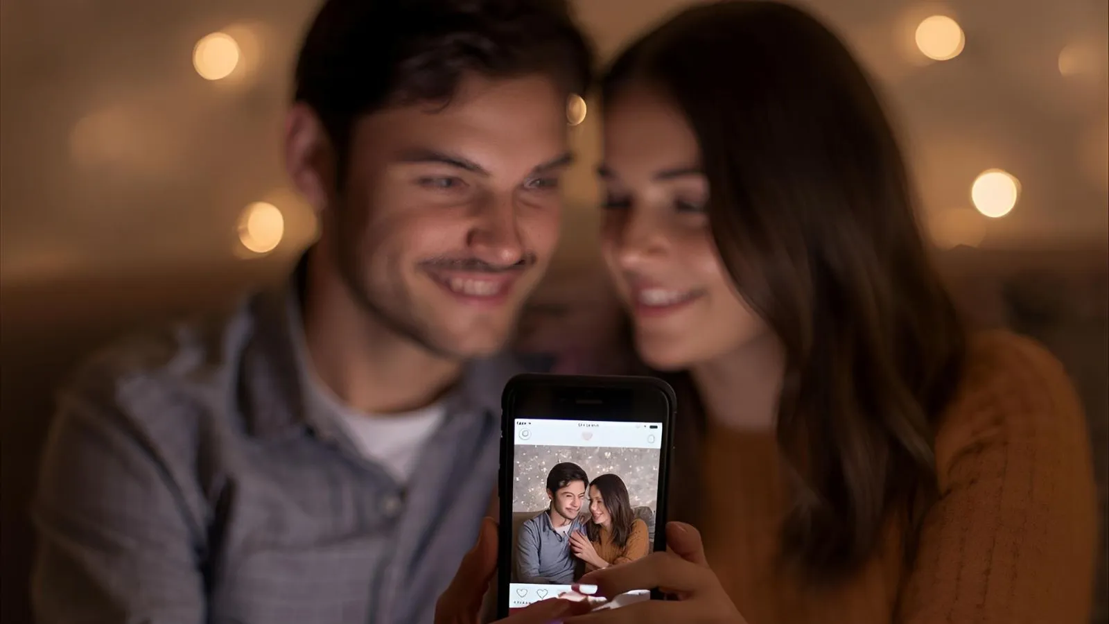 Couple sitting together editing a romantic Instagram post with hearts on the screen.