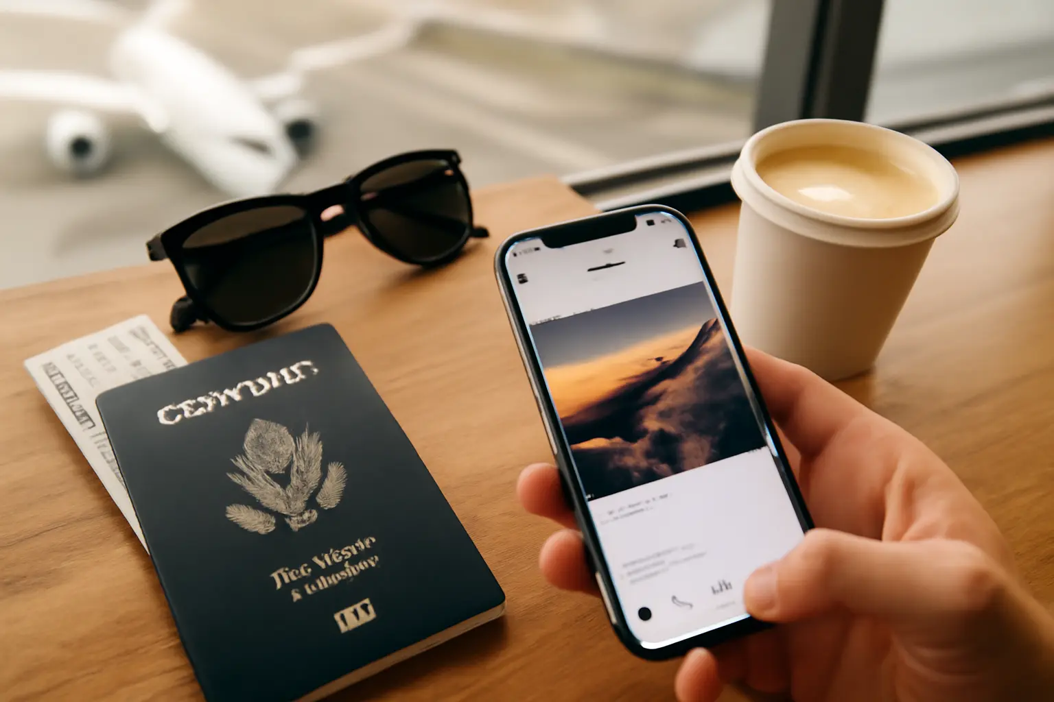 Flat lay of passport, phone, and coffee at an airport window, ready to post short travel captions on Instagram.