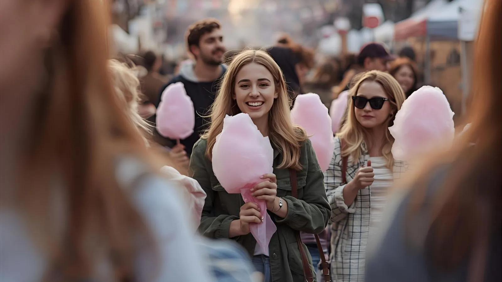 Friends at a spring festival under cherry blossoms with pastel decorations.