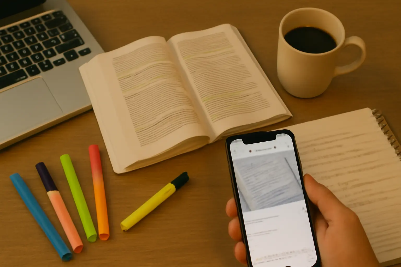 Tidy study desk with laptop, books, and phone open to Instagram, ready to post a motivating study caption.
