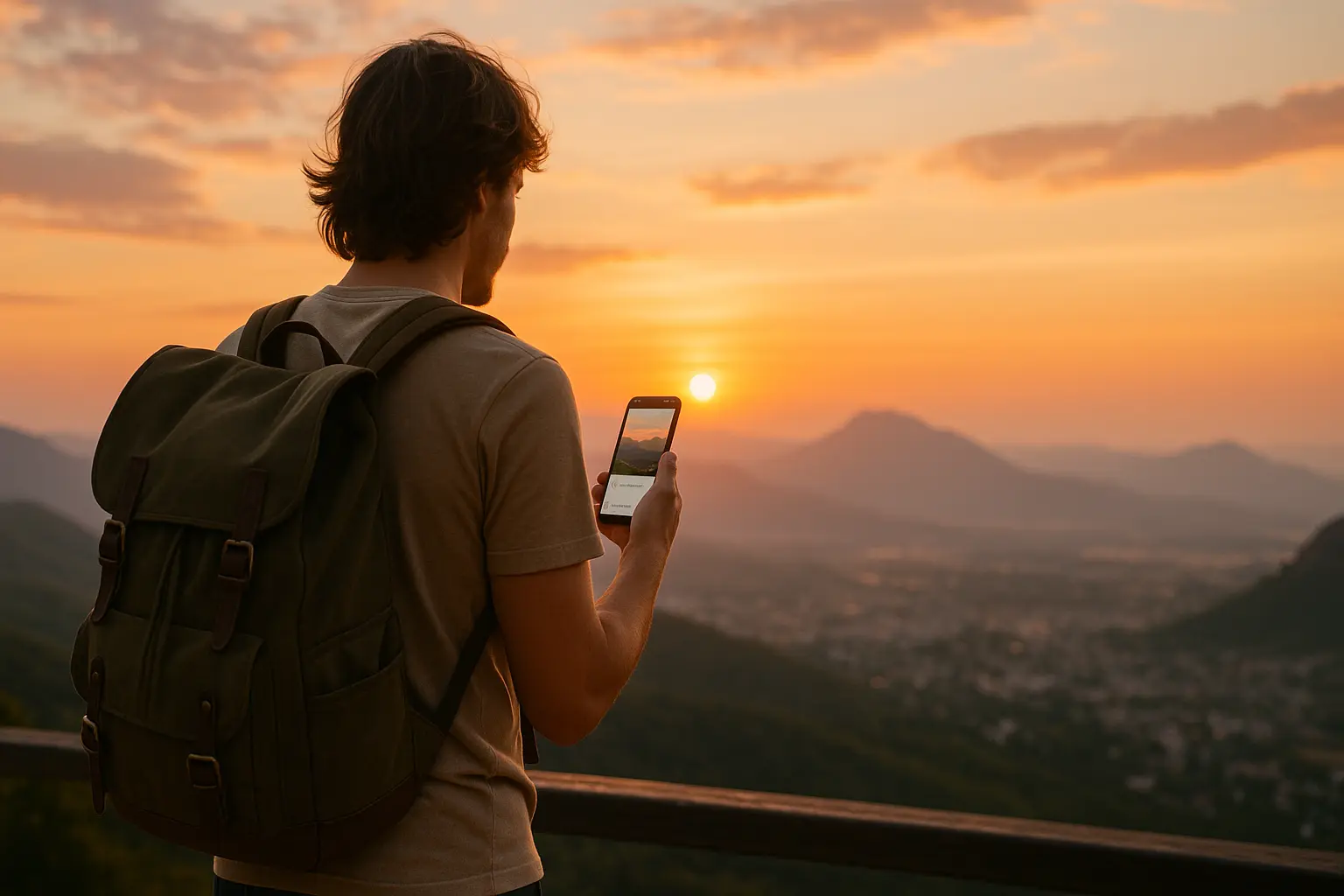Traveler holding a phone with Instagram open while overlooking a scenic landscape at sunset.