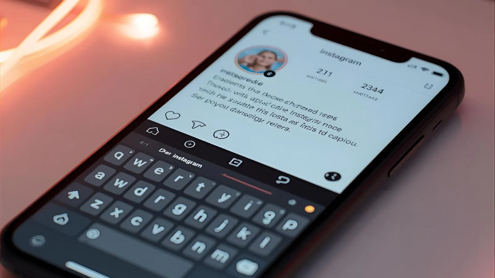 Phone on a desk showing an Instagram Reel with a caption being written.