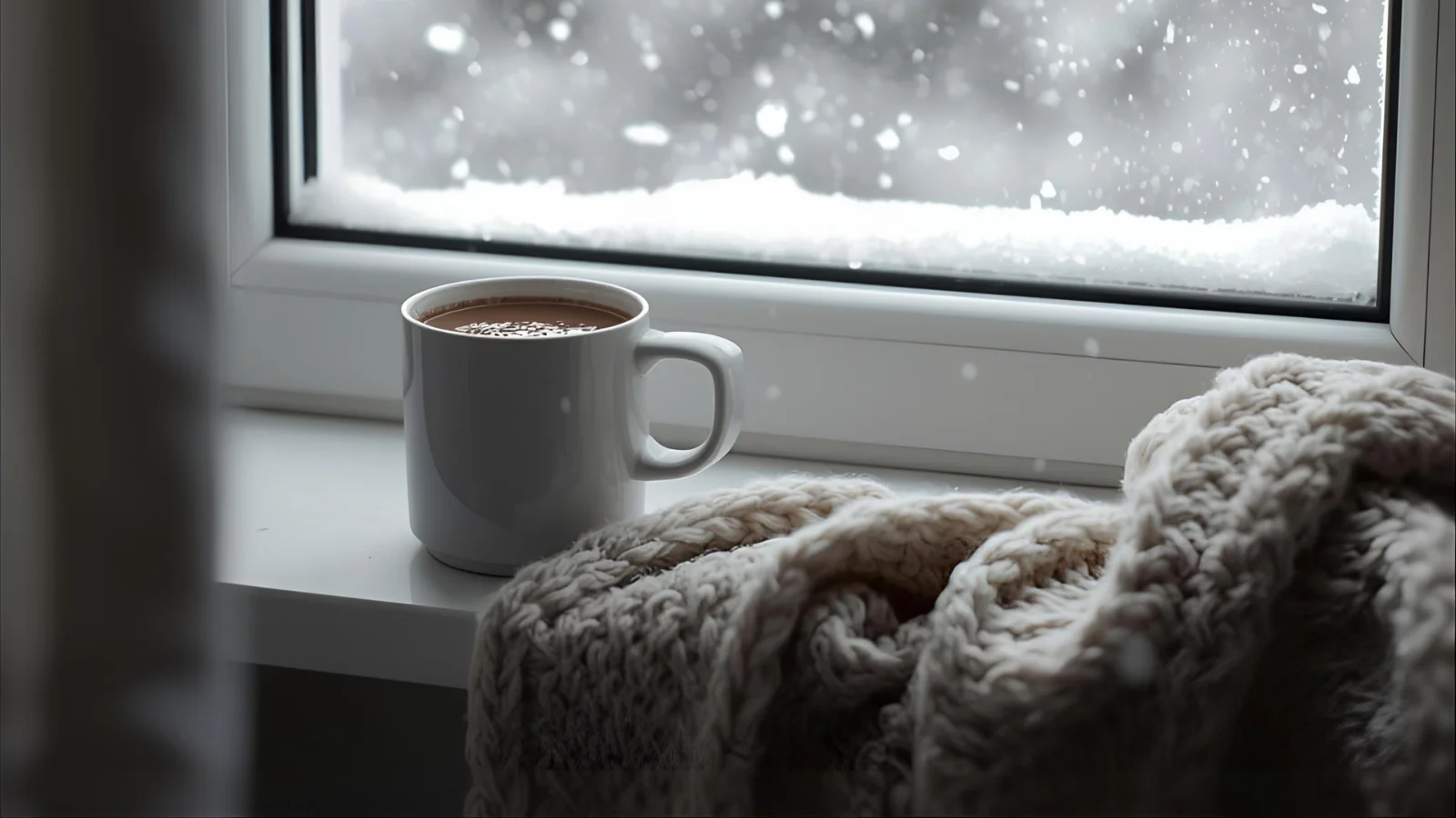 Steaming mug and knit blanket by a snowy window for cozy captions.