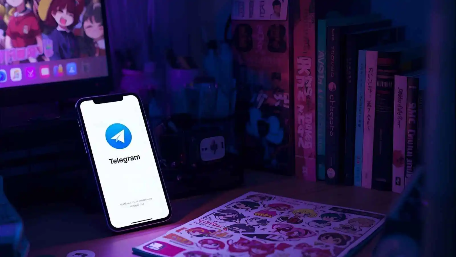 Phone showing Telegram and Instagram with anime wallpapers and chat bubbles, suggesting someone choosing anime TG captions.