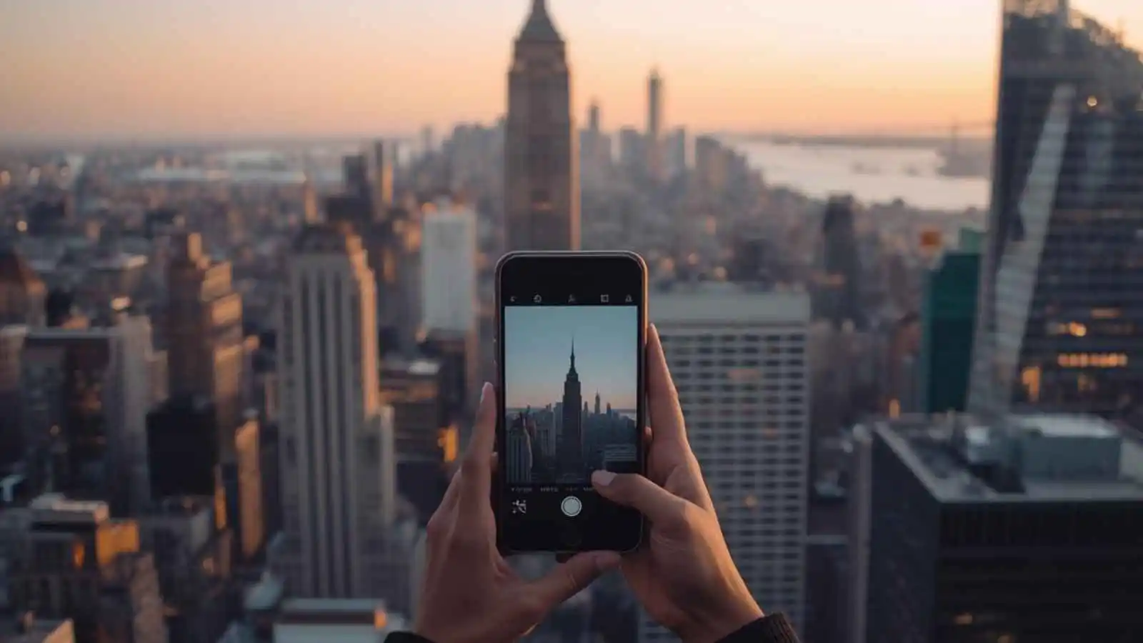 Traveler holding phone toward New York City skyline at golden hour with glowing buildings.