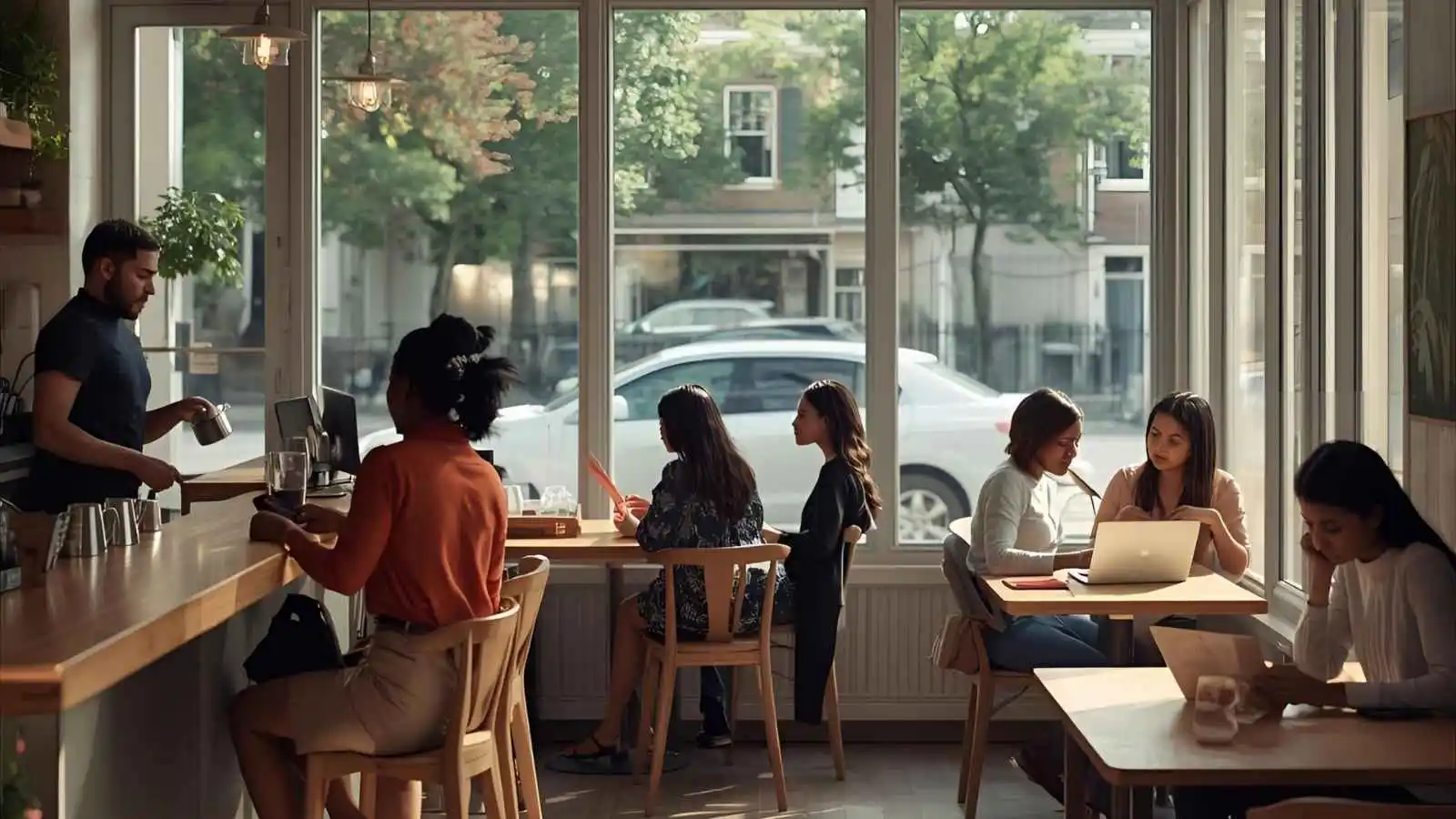 Warm neighborhood coffee shop with people chatting and working while a barista makes latte art.