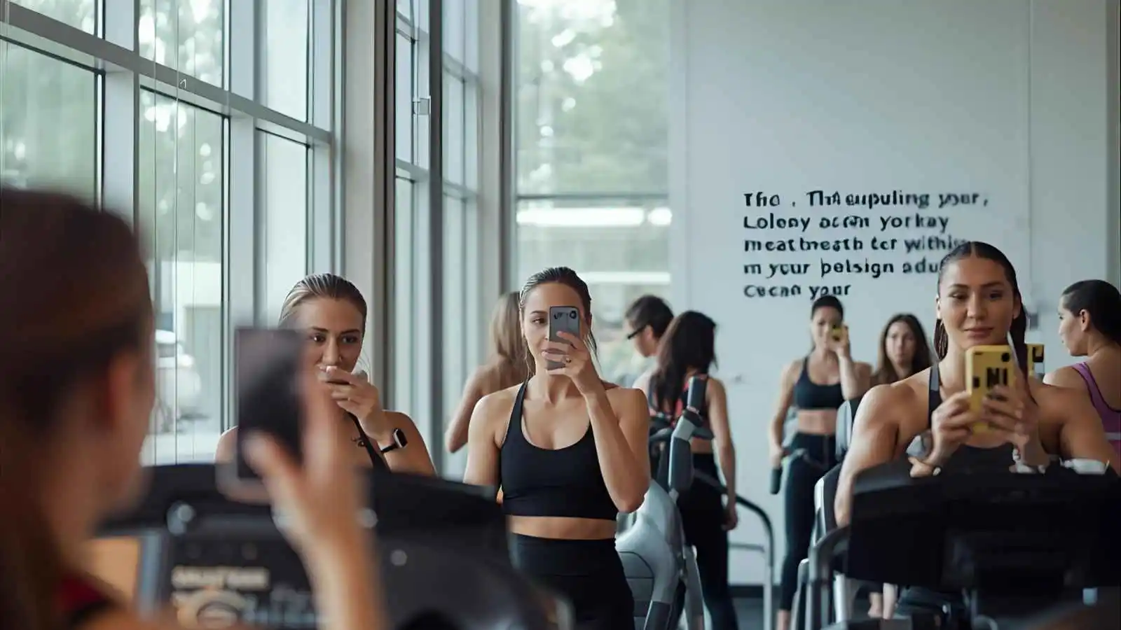 Group of people working out in a modern gym while one person takes a mirror selfie for Instagram.