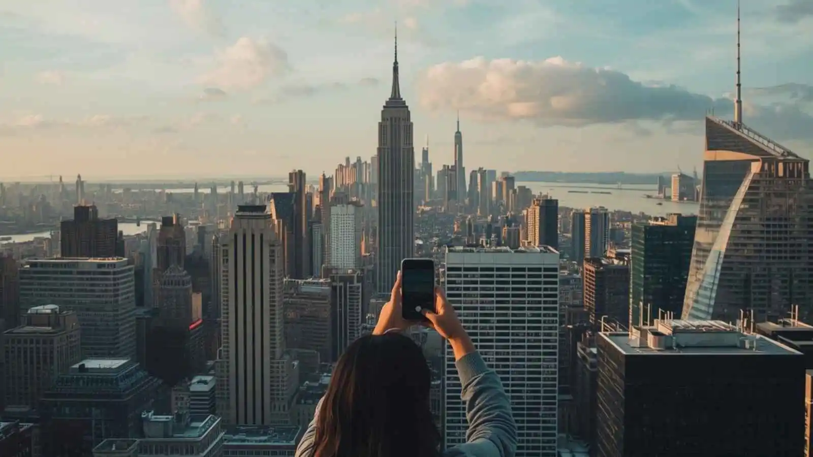 Traveler taking a rooftop photo of the New York City skyline at golden hour.